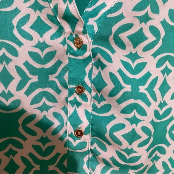 Hanna & Gracie Teal and White Geometric Pattern Blouse - Picture 6 of 7
